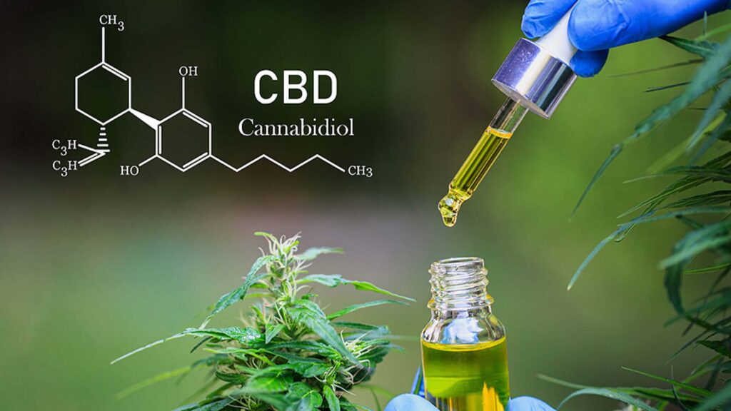 CBD composition, cellular glass vial containing hemp oil with cannabis plants.
