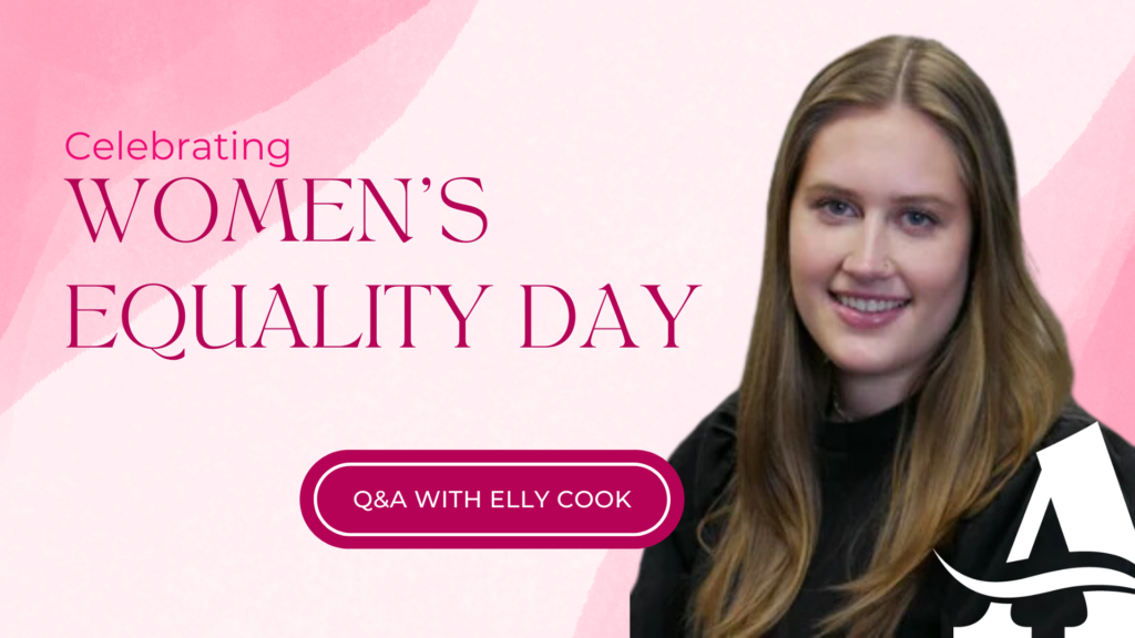 Headshot of Elly Cook on a graphic celebrating Women's Equality Day