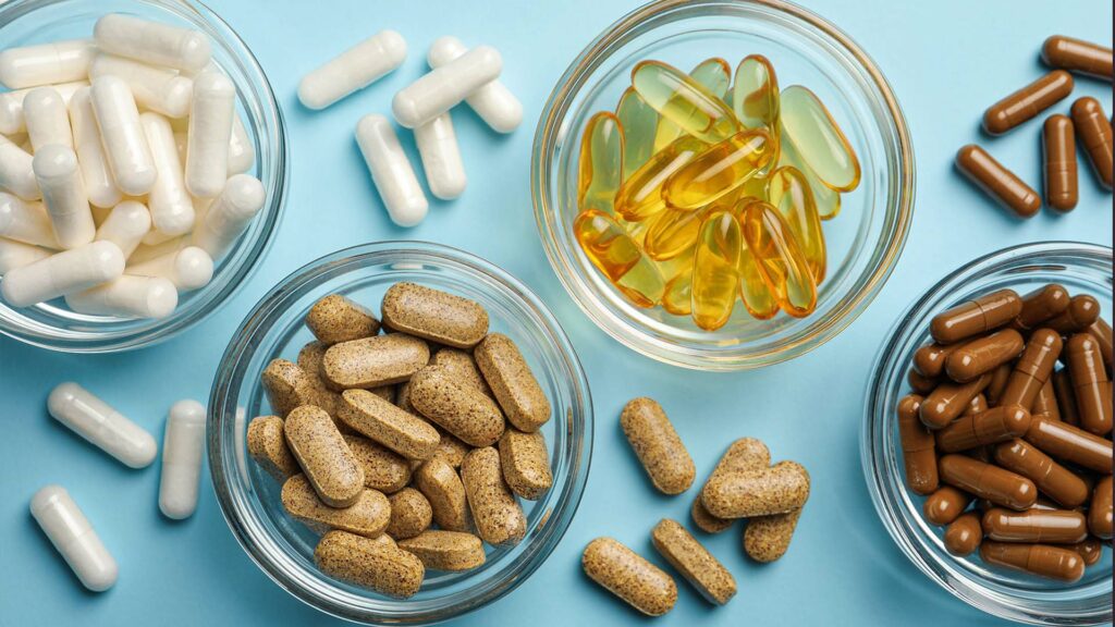 Different dietary supplements in glass bowls on light blue background