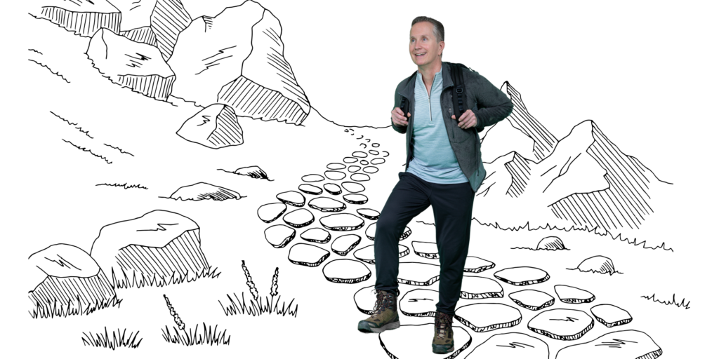 Bob Mescher hiking with sketch of mountains in the background