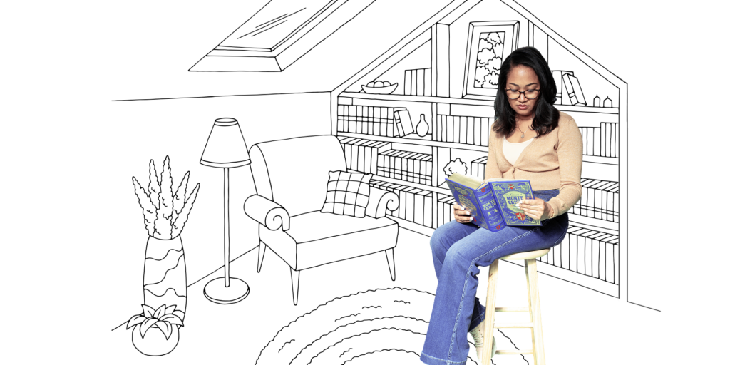 Tracey Howells sitting and reading with a sketch of a book nook behind her