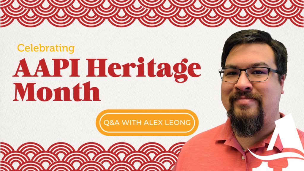 Alex Leong headshot on a design celebrating AAPI Heritage Month