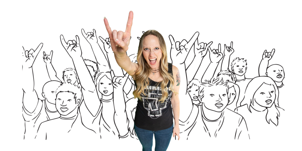 Charlene Rocking Out to Heavy Metal with Illustration of an Audience in the Background.