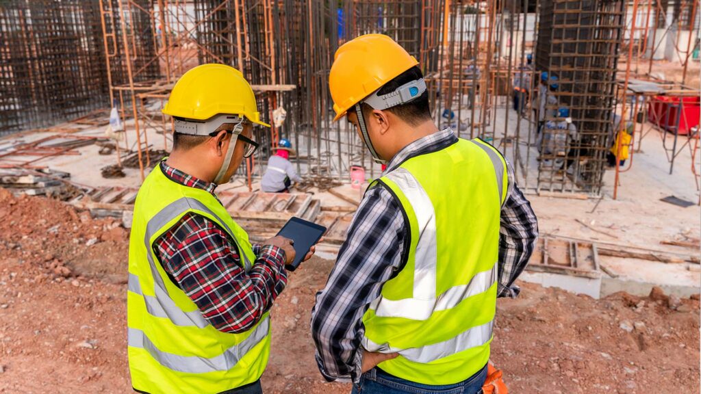 Two construction men on a jobsite looking at a tablet