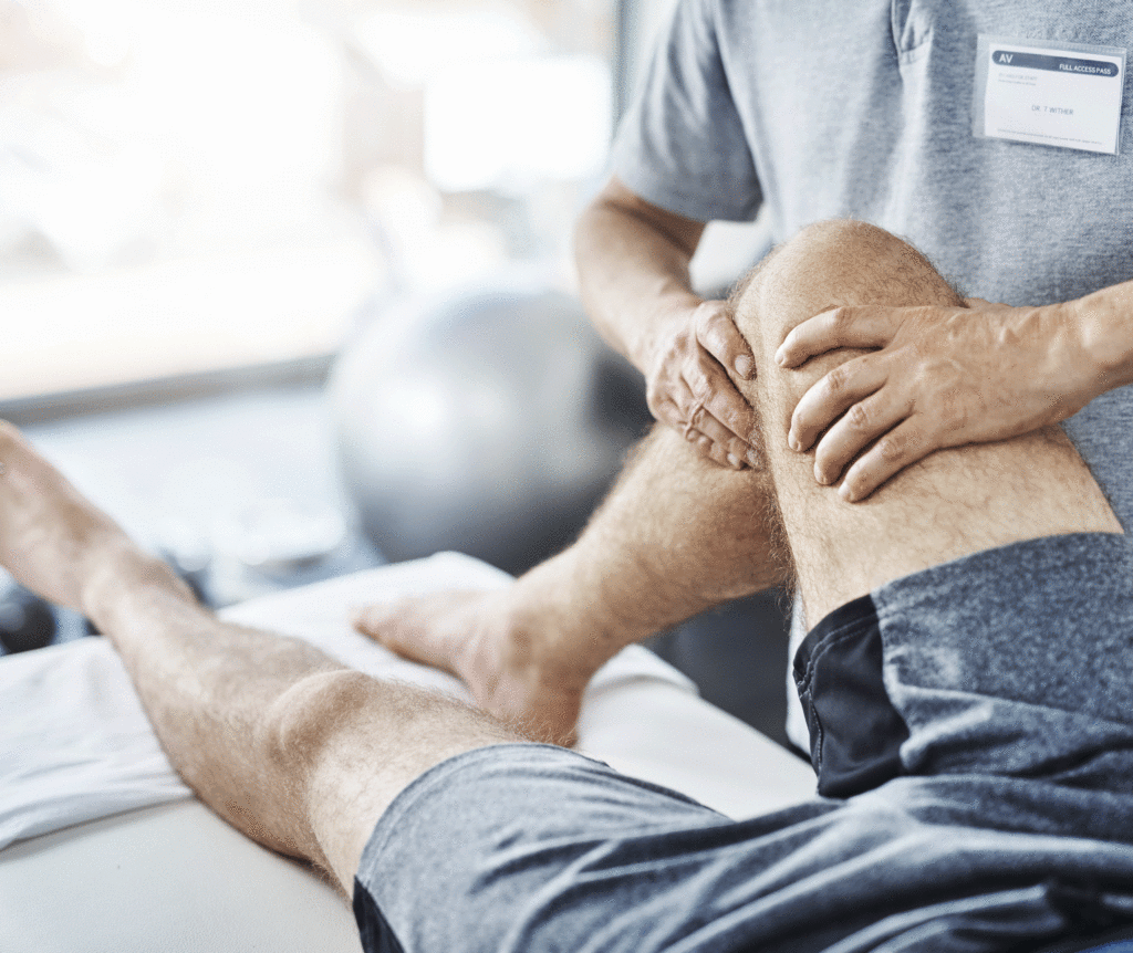 Physical therapist working on a man's leg