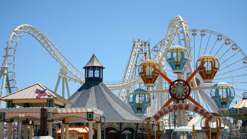 Amusement park view of rides from a distance