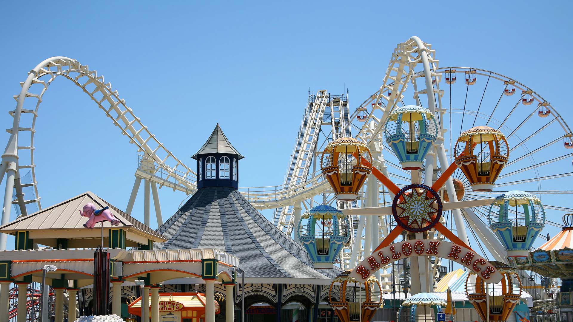 Amusement park view of rides from a distance