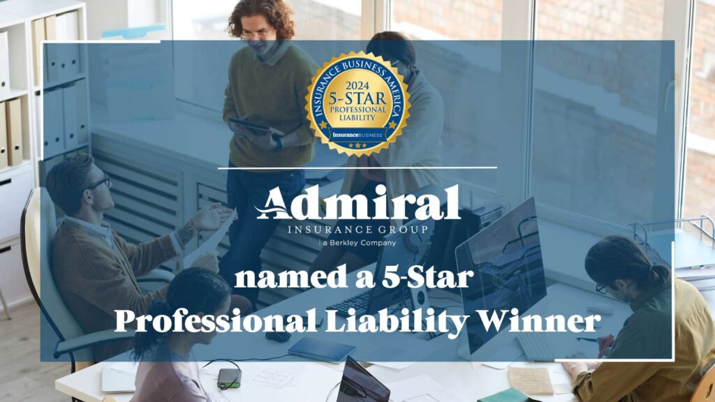 Overhead shot of people standing around a desk and overlay with Admiral's 5-Star Professional Liability Award badge
