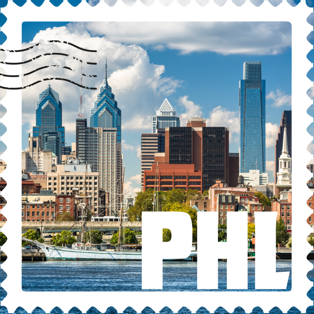 Postage stamp graphic with Phildelphia skyline