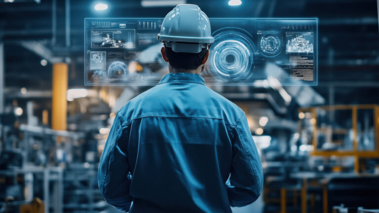 Man in hard hat looking at computer with AI-generated engineering designs.