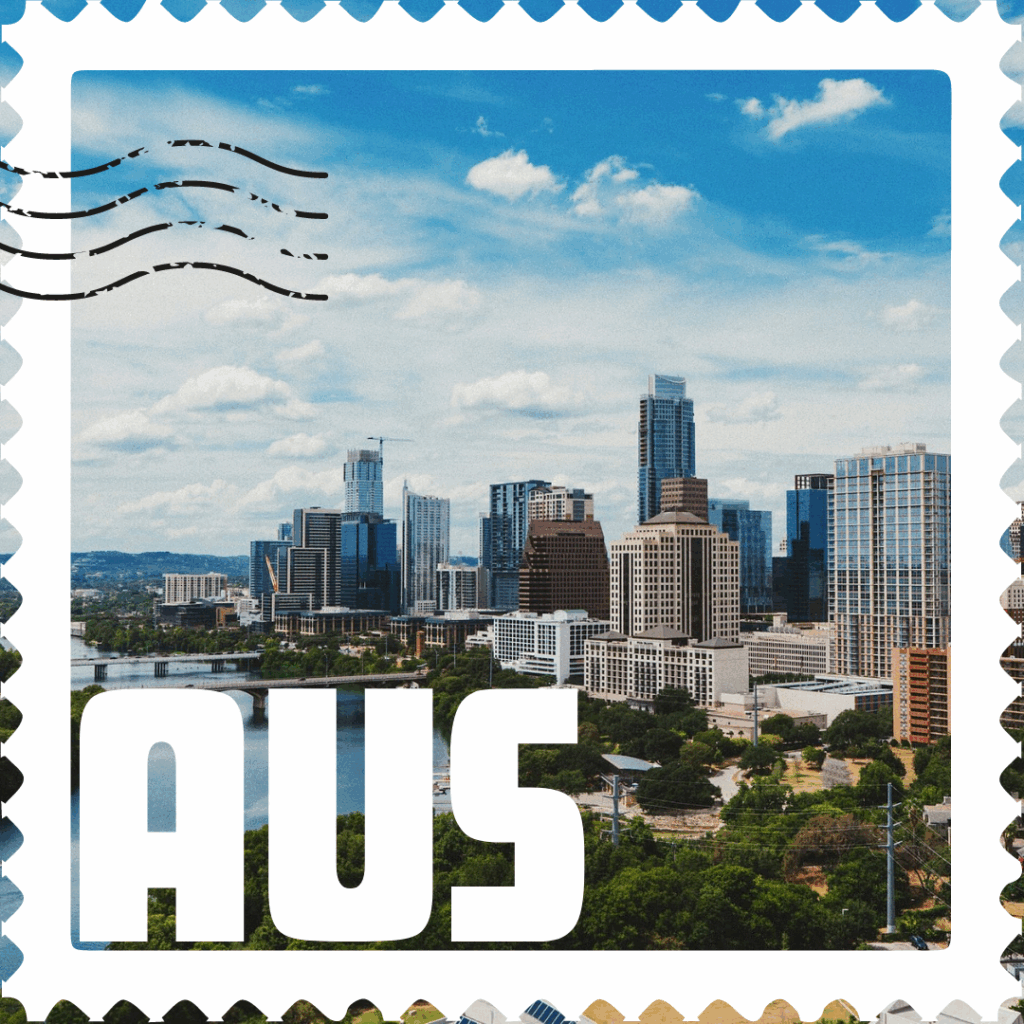 Postage stamp graphic with Skyline of Austin, TX