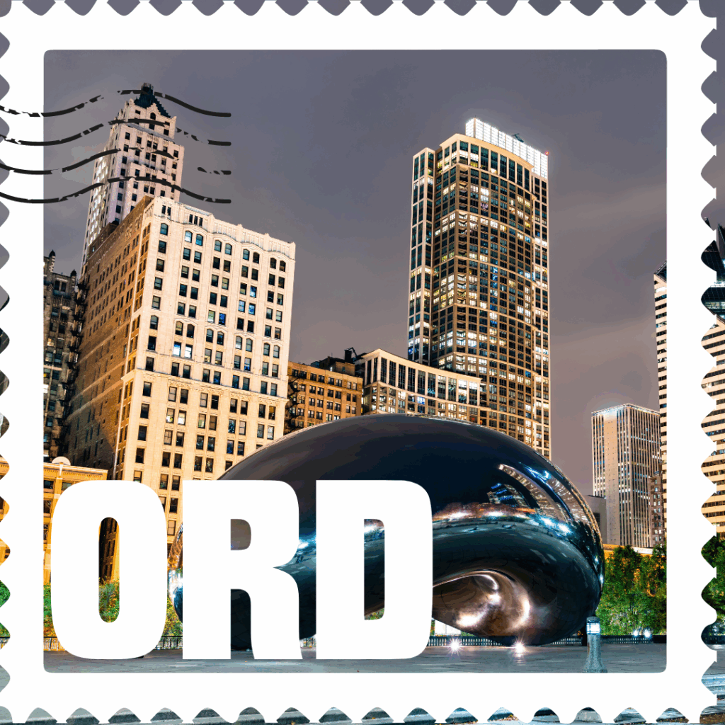 Postage stamp graphic with Skyline of Chicago, IL