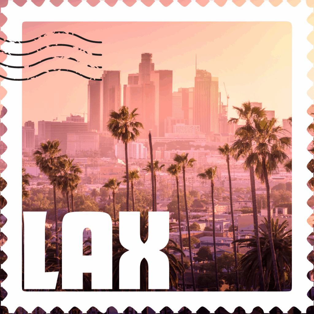Postage stamp graphic with Skyline of Los Angeles, CA