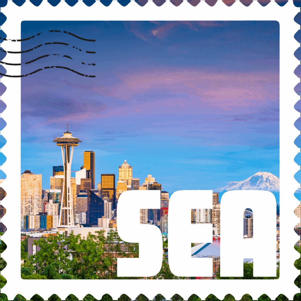 Postage Stamp Graphic with Skyline of Seattle, WA