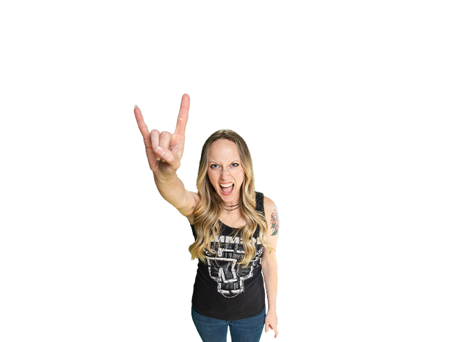 Charlene Rocking Out to Heavy Metal with Illustration of an Audience in the Background.