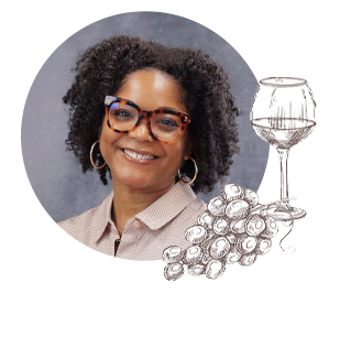 Ambra Hendrix Headshot and Illustration of Grapes & Wine Glass
