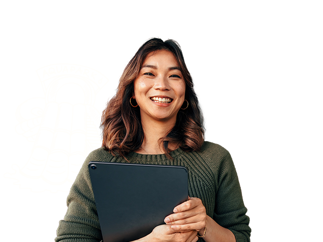 Woman holding a laptop, smiling at the camera with illustrations of insurance risks in the background