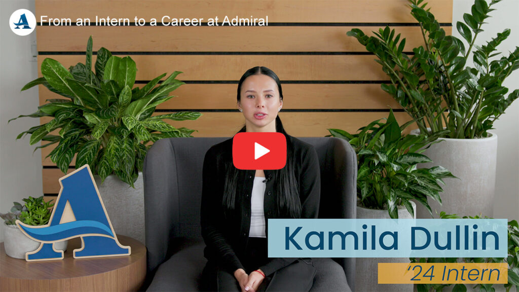 Kamila Dullin talking to the camera about her internship and career at Admiral Insurance Group