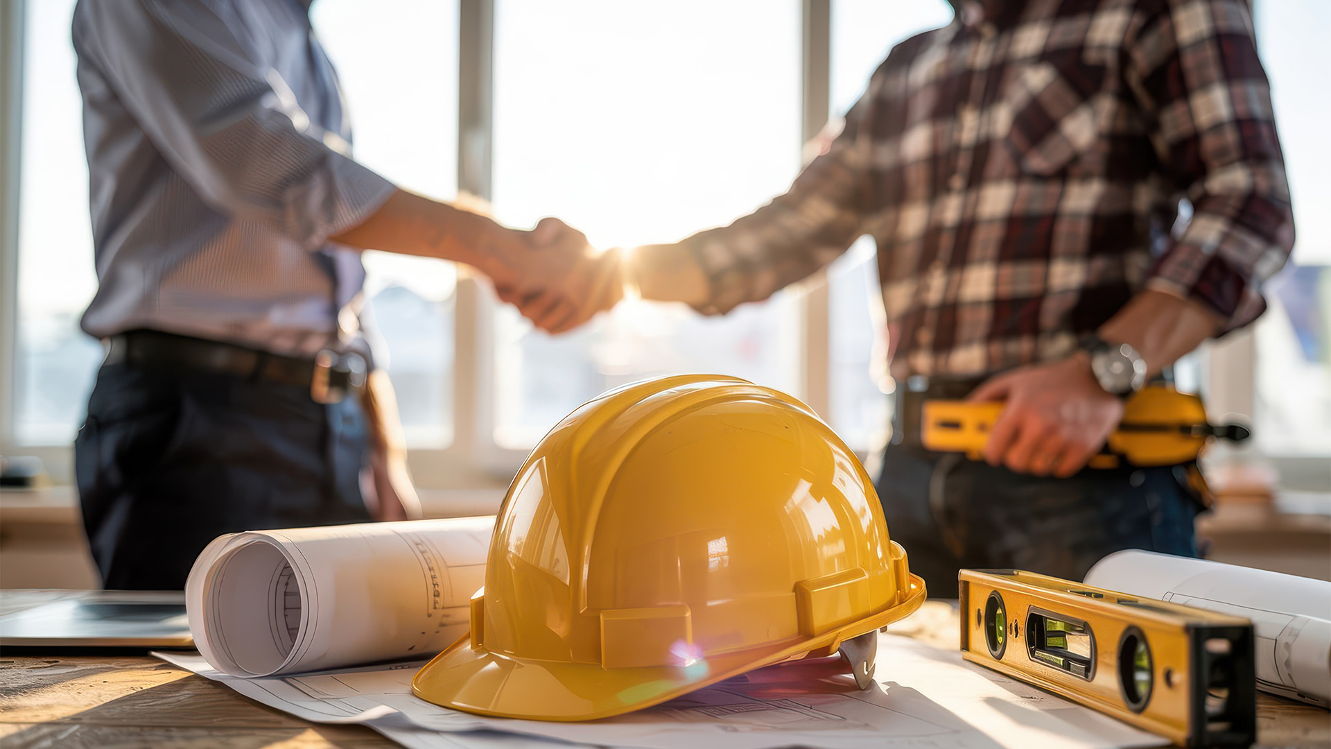 Two men shaking hands standing behind a drafting table with architect plans, hard hat and level in the foreground.