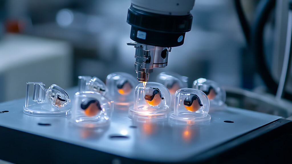 A robotic arm assembling miniaturized AI powered hearing aids in a medical device factory.