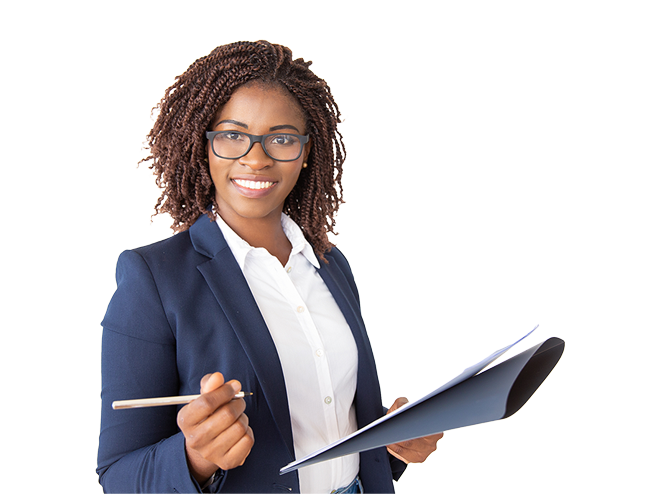 Business professional holding pen and documents